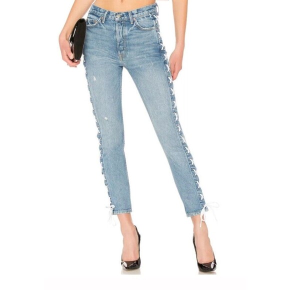 GRLFRND Jeans Karolina Blue 100% Cotton USA White Shoe Lace Sz 25 EUC - Picture 11 of 15